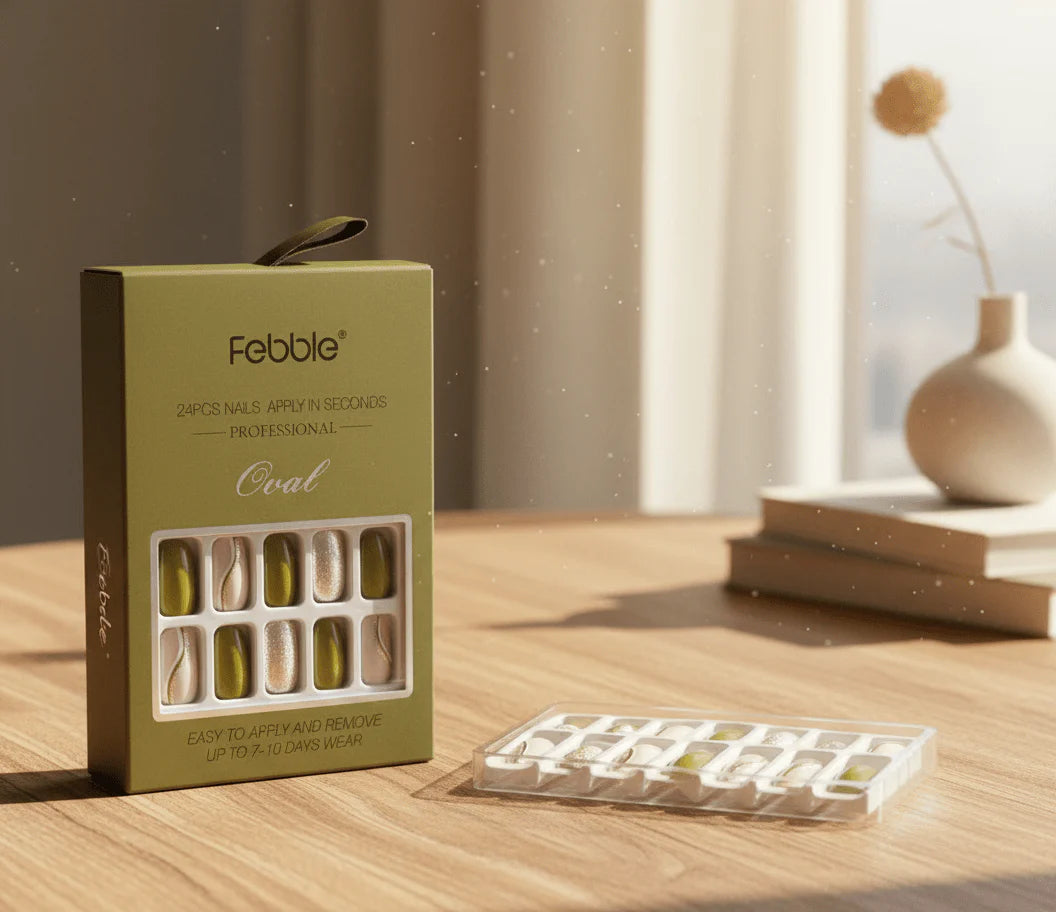 أظافر لاصقة من فيبل - لون أخضر زيتوني وفضي لامع (أصلية)